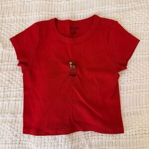 Brandy Melville Red Embroidered Deer Tee
